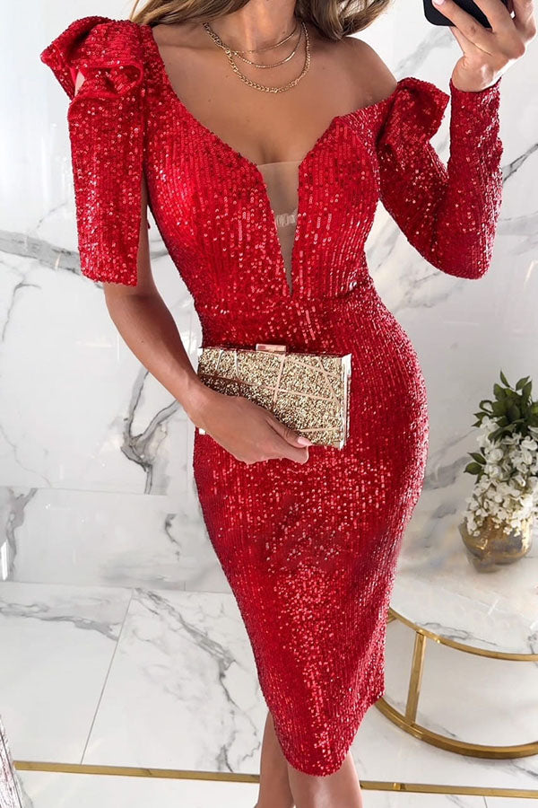 Impossible To Ignore Sequin Ruffled Design One Shoulder Stretch Midi Dress