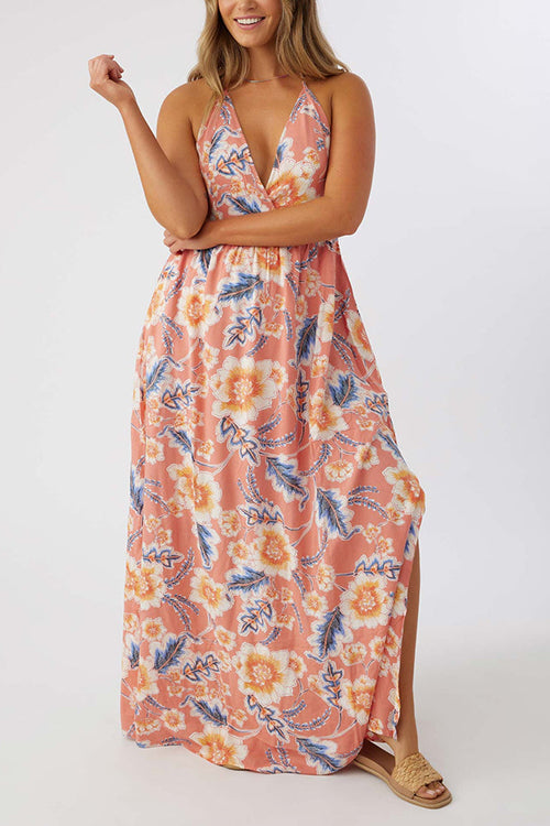 Multi Floral Print Halter Maxi Dress