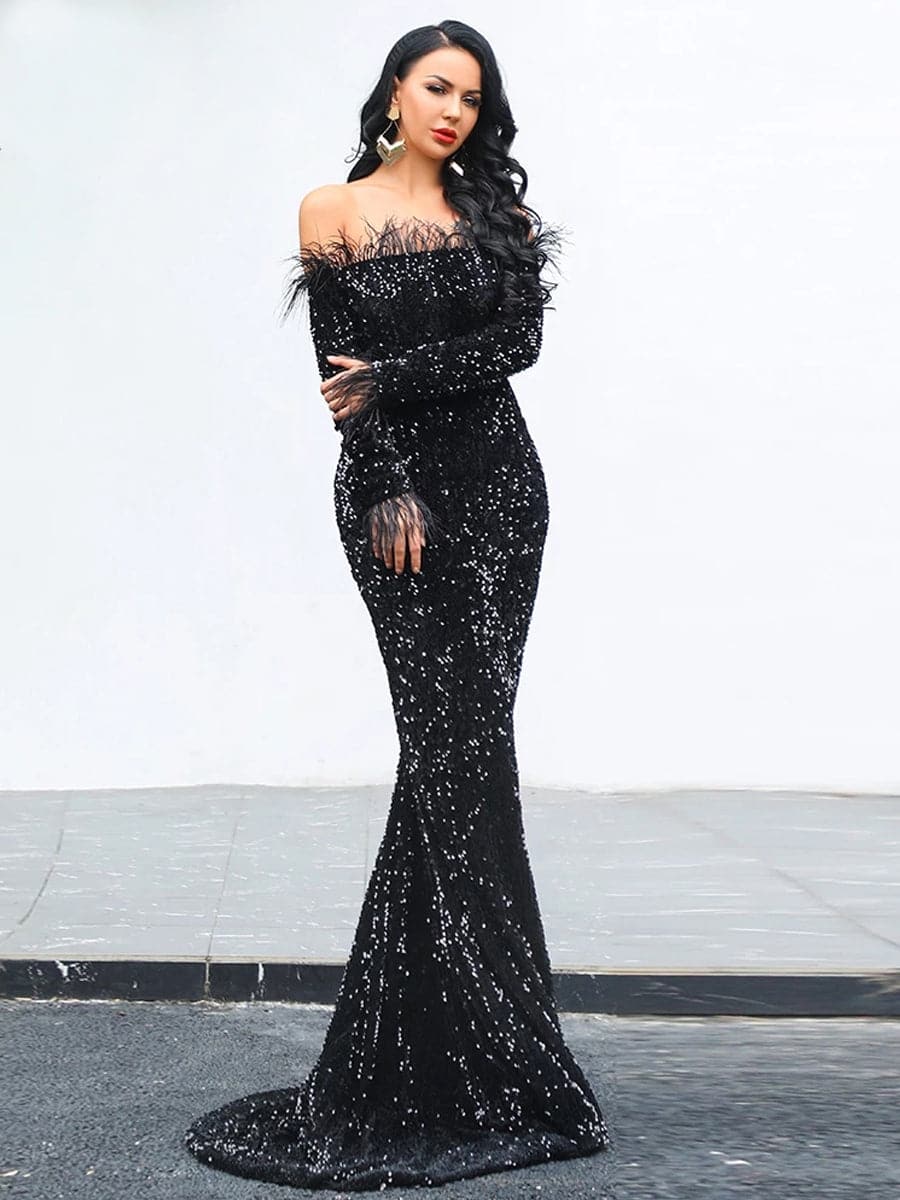 Off The Shoulder Feather Sequin Evening Dress FT19005