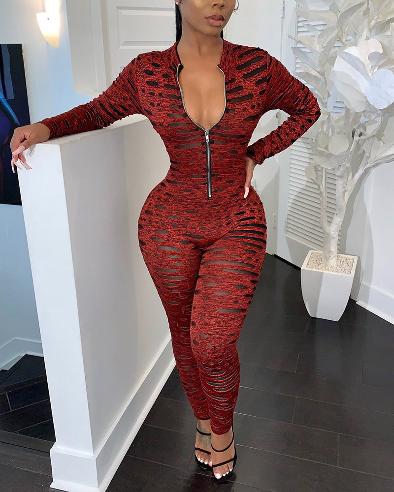 Allover Print Zip Up Form Fitted Jumpsuit
