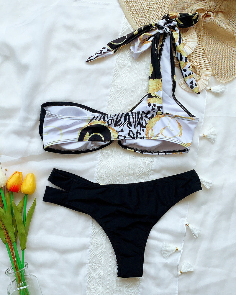 Baroque & Leopard Print Colorblock Side Cut One Shoulder O-ring Bikini Set