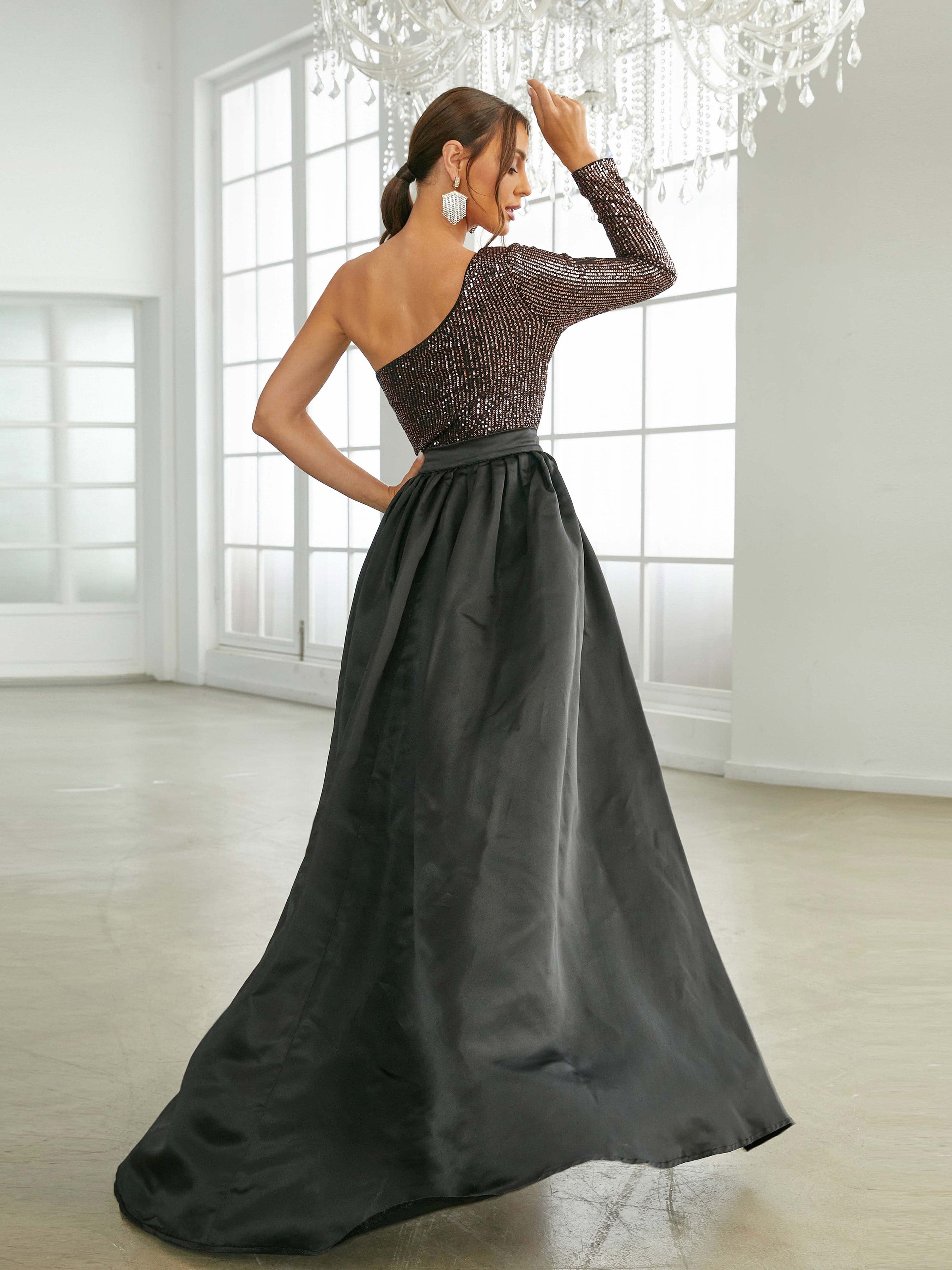 One Shoulder Cloak Maxi Sequin Prom Dress XHP2172
