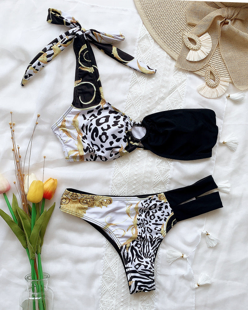 Baroque & Leopard Print Colorblock Side Cut One Shoulder O-ring Bikini Set