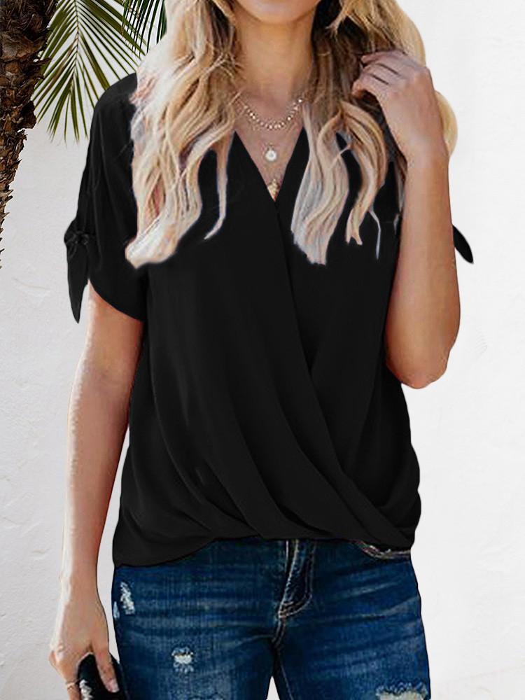 V-neck Pleated Loose Solid Blouse