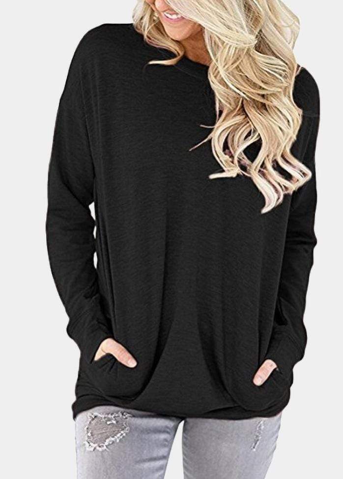 Batwing Sleeve Pocket Round Neck Solid Color T-shirt
