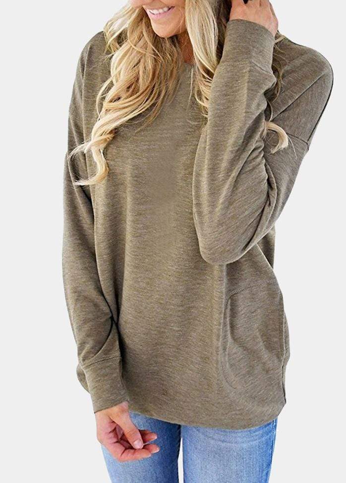 Batwing Sleeve Pocket Round Neck Solid Color T-shirt
