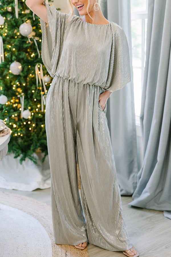 Love and Luxe Metallic Pocketed Elastic Waist Wide Leg Jumpsuit