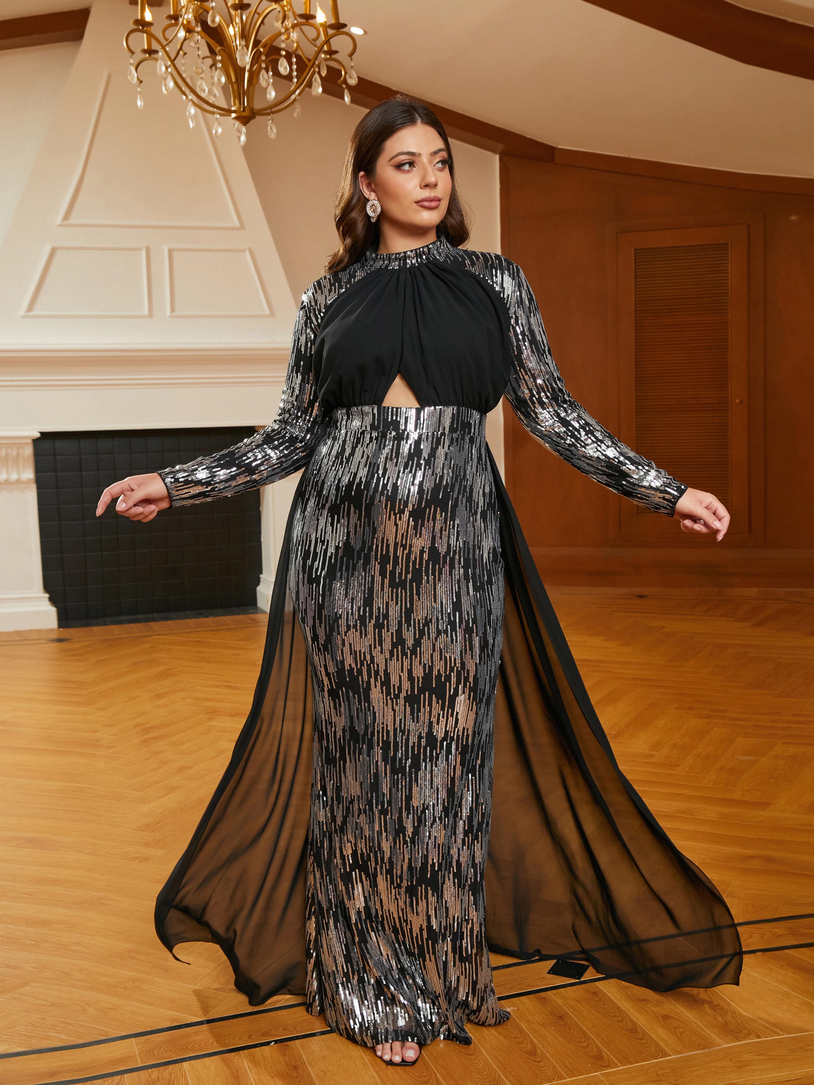 Plus Size Stand Collar Panel Cutout Sequin Black Prom Dress PRH30630