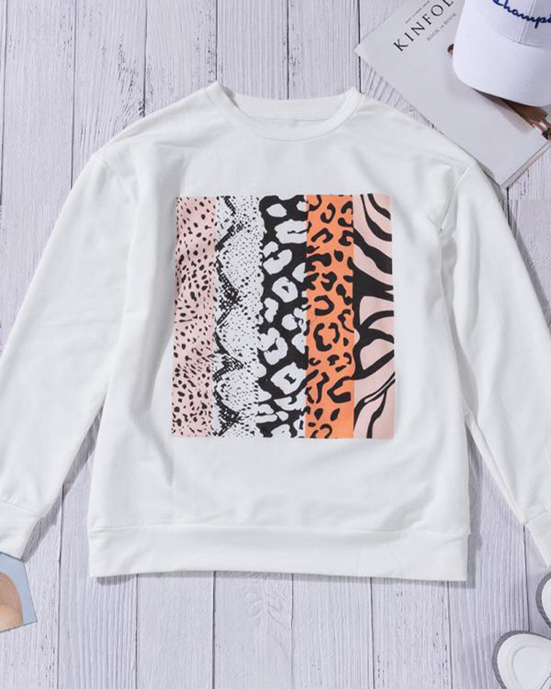 Animal Print Drop Shoulder Round Neck Sweatshirt