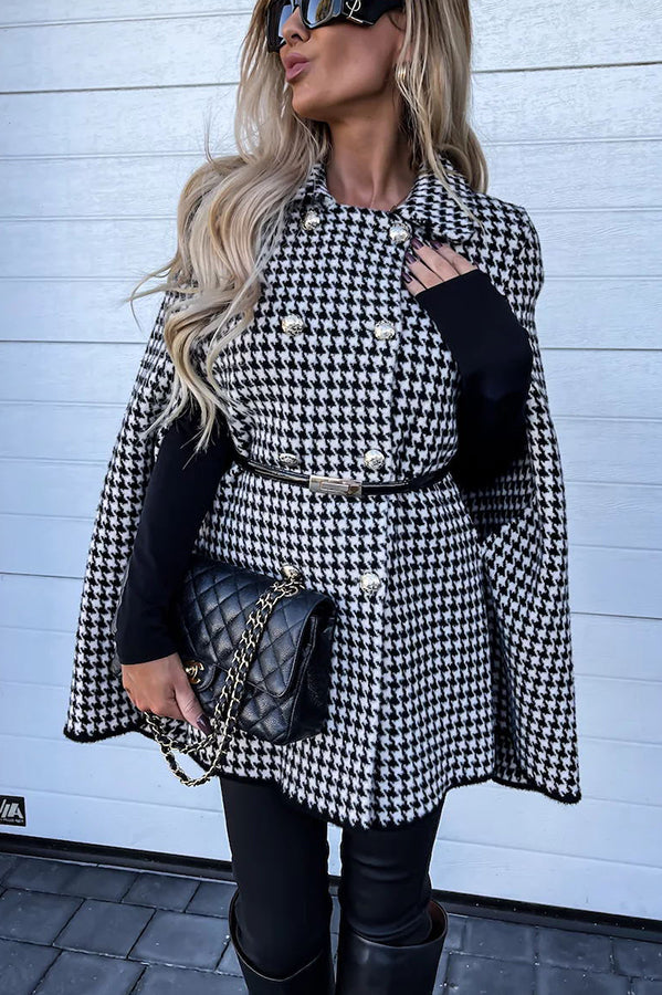 Paris Chic Houndstooth Print Metallic Double-breasted Cape Coat