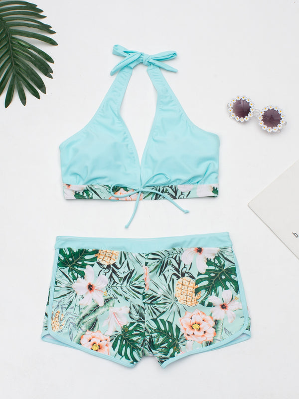 Floral Print Deep V Shape Halter Bikini Boxer Swimsuit