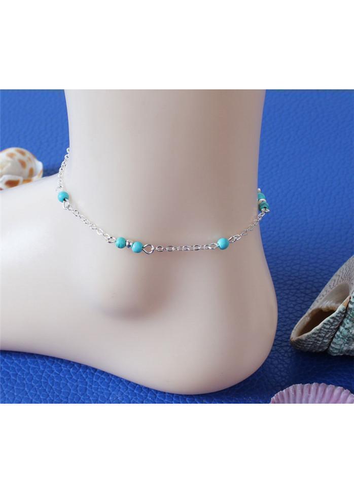 Blue Bead Embellished Silver Metal Anklet