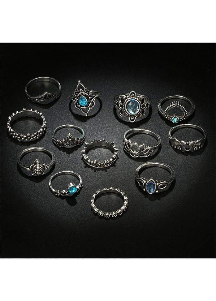 Blue Rhinestone Embellished Silver Metal Rings