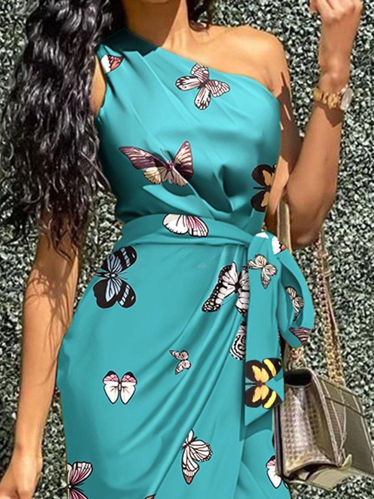 Butterfly Print Oblique Shoulder Irregular Dress