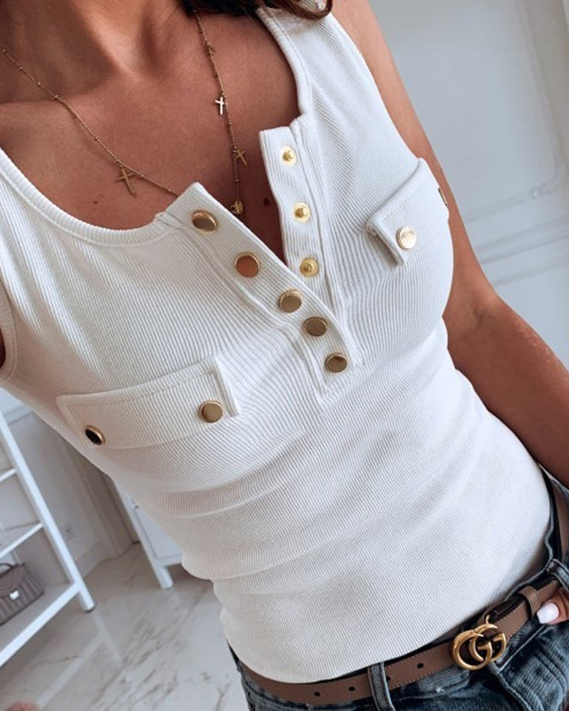Solid Ribbed Button Front Tank Blouse