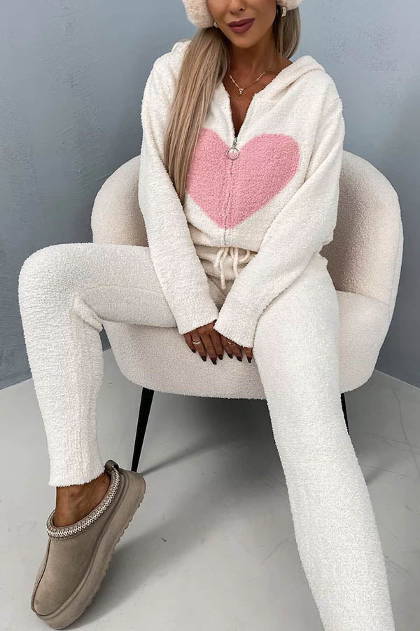 Listen To Your Heart Printed Plush Zipper Hooded Lounge Coat