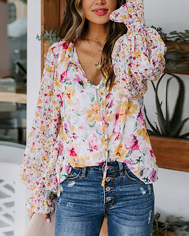 Floral Print Button Front Gathered Sleeve Blouse