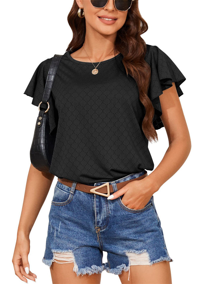 Fashion Women's Summer New Mesh Round Neck Ruffle Ruffle Sleeves Loose Solid Color Short-sleeved Pullover T-shirt Tops Female