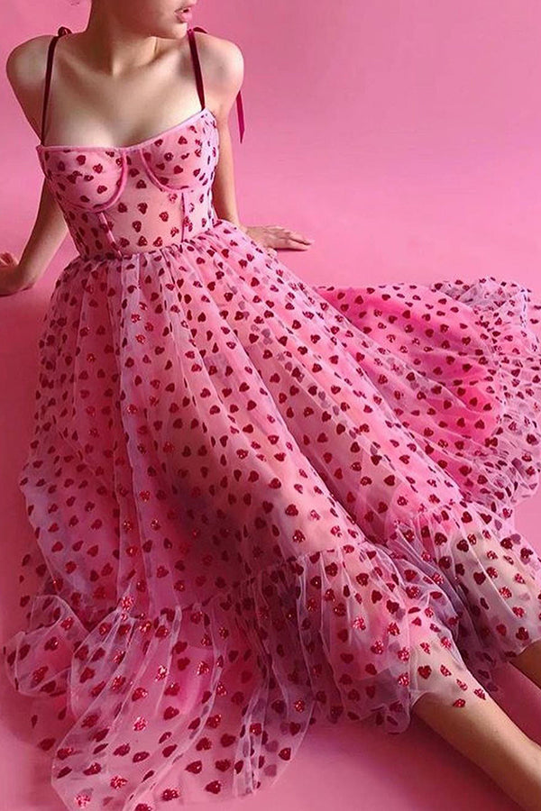 Heart Shaped Print Patchwork Lace Up Midi Dress