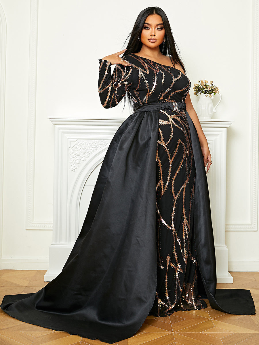 Plus Size One Shoulder Sequin Maxi Prom Dress PXH2172