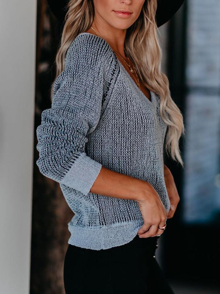 Color Mixed Knit Loose V-neck Sweater
