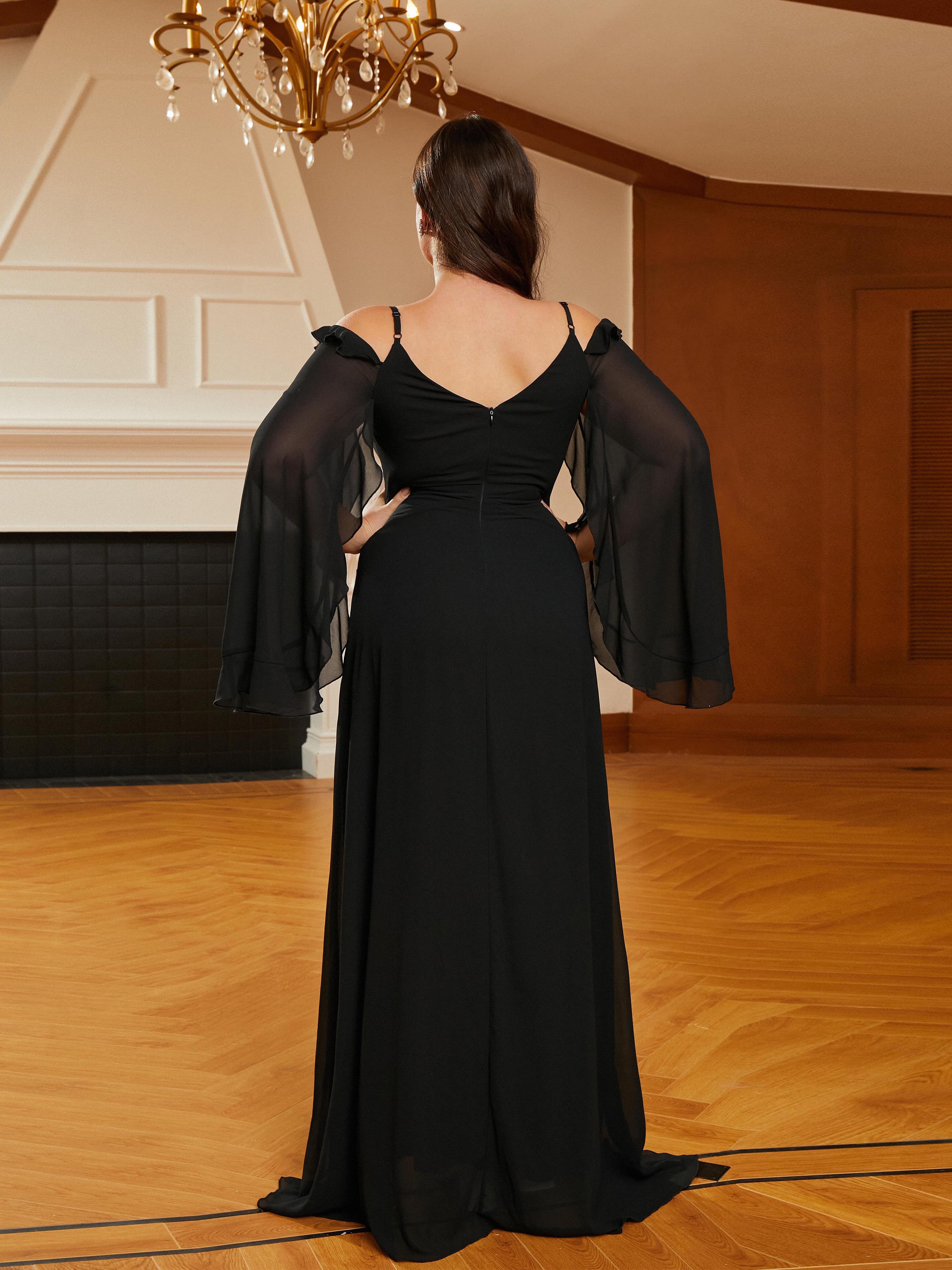Plus Size Cold Shoulder Chiffon Black Prom Dress PRM20985