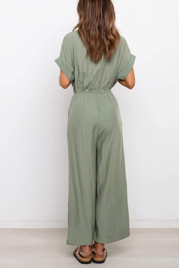 Houston Pocketed Button Down Tie Jumpsuit