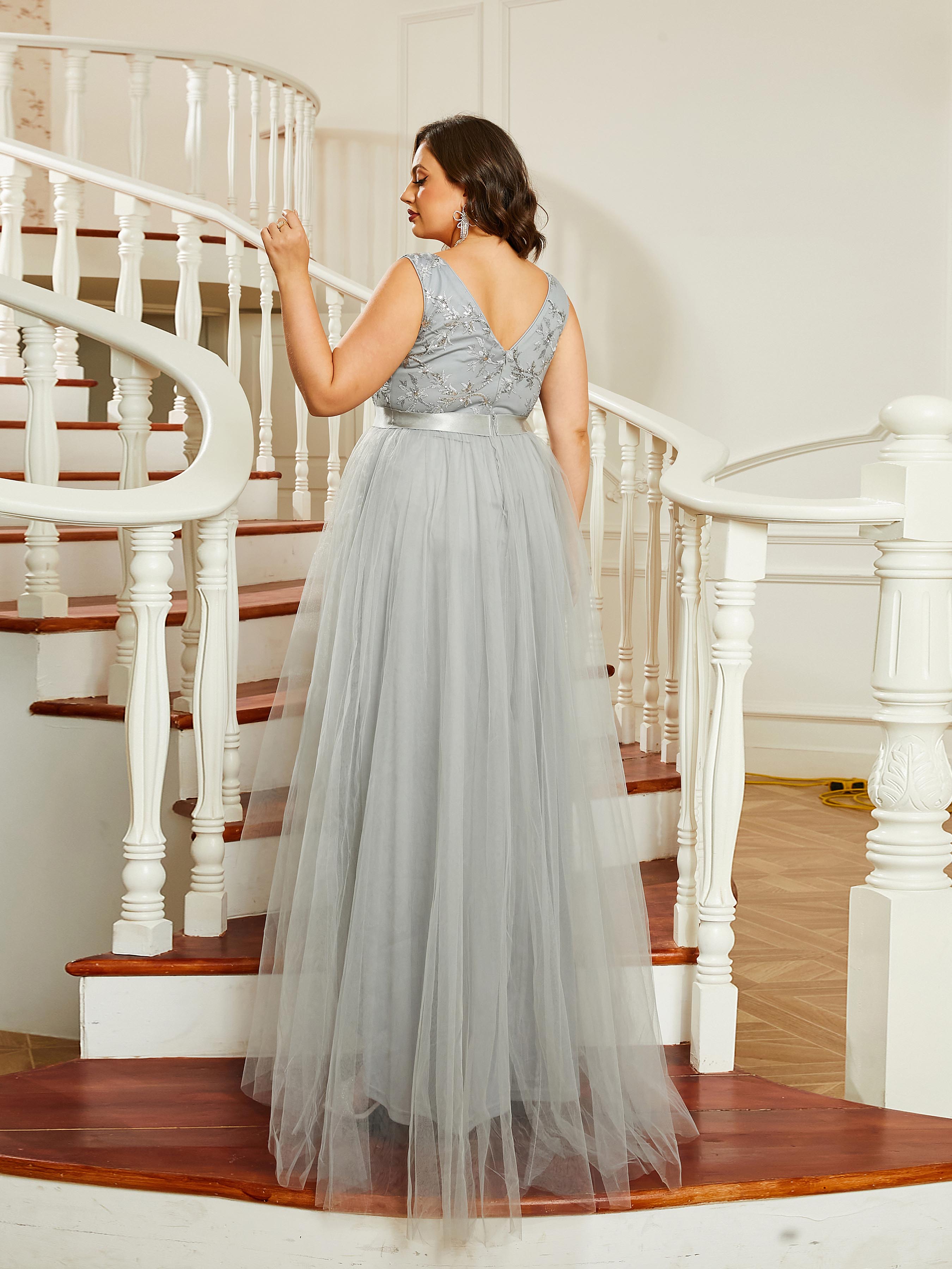 Plus Size Asymmetric V-Neck A-Line Backless Prom Dress PRJ10336