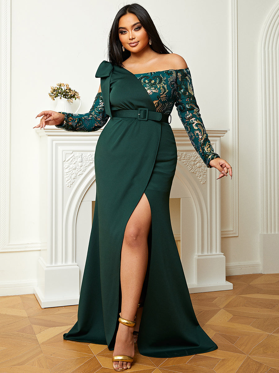 Plus Size Strapless Colorblock Emerald Green Gown PJM019L