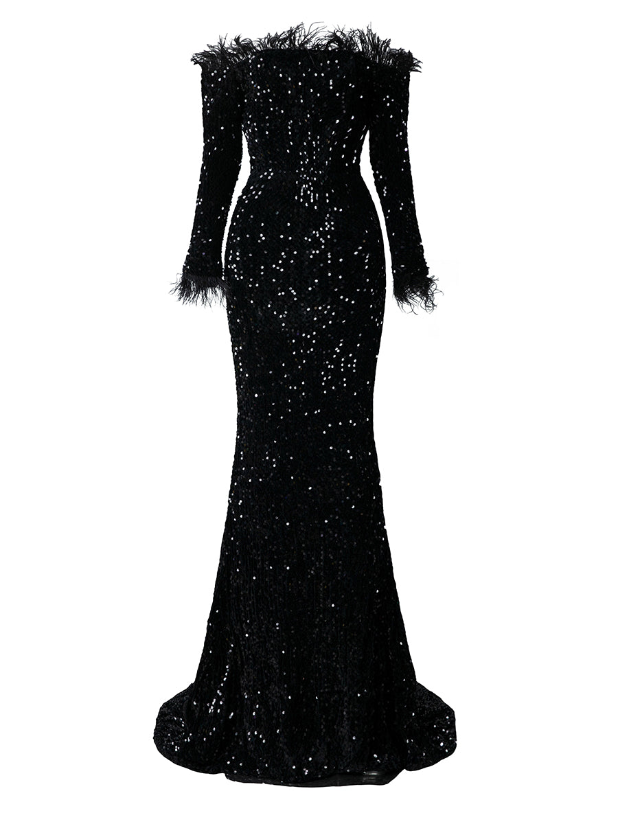 Off The Shoulder Feather Sequin Evening Dress FT19005