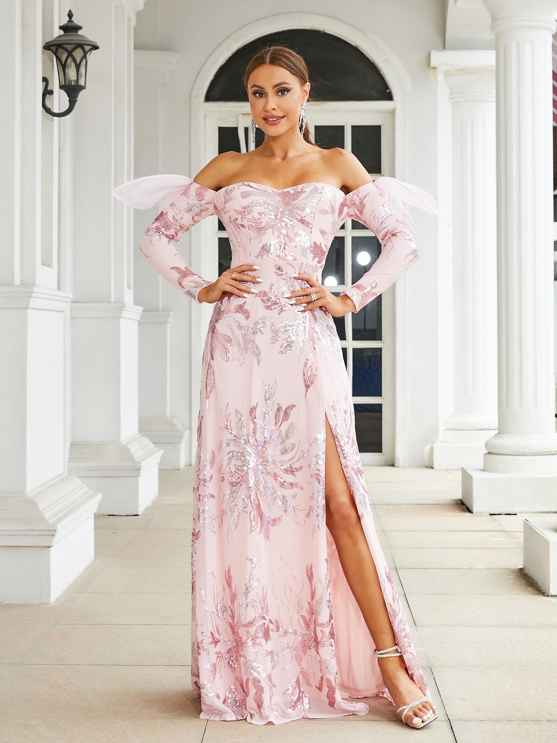 Off Shoulder Sequin Pink Prom Dress XJ2872