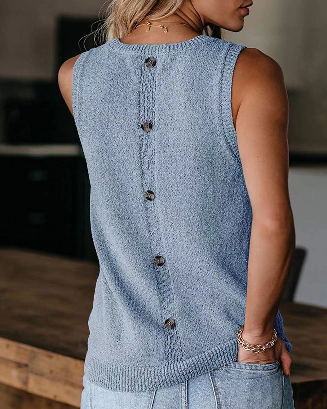 Casual Crew Neck Tank Top with Front Pocket