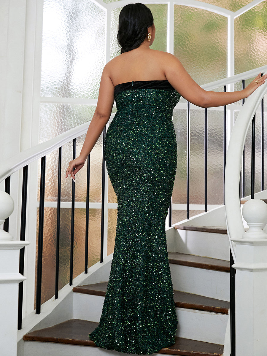 Plus Size Strapless Open Back Dark Green Sequin Evening Dress PXH2480