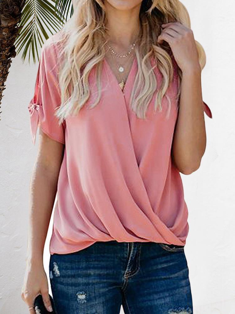 V-neck Pleated Loose Solid Blouse