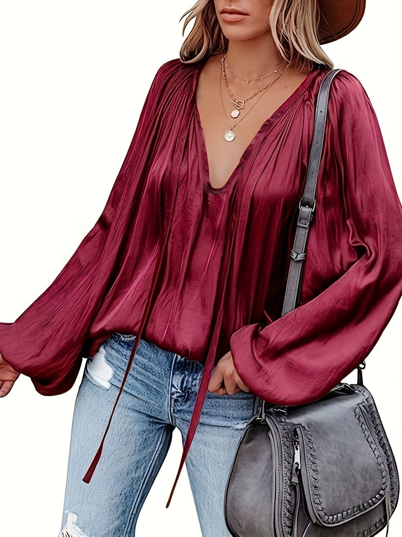 Effortlessly Stylish Solid Tie Neck Pleated Blouse