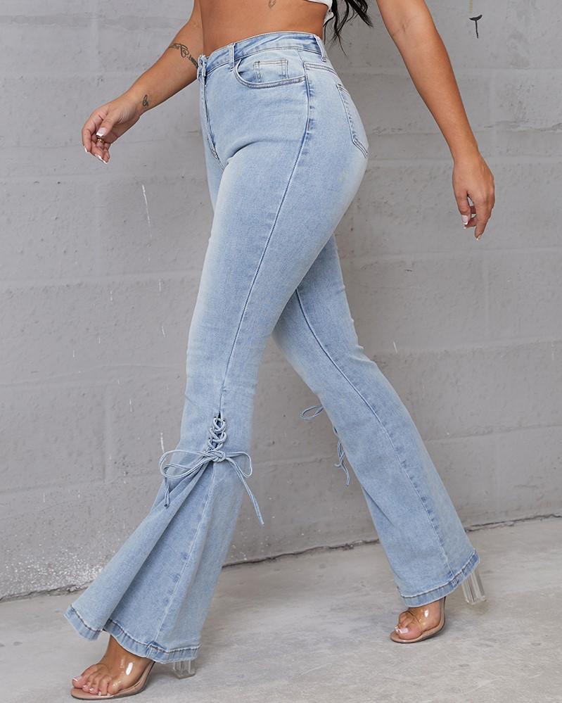 90s Vintage Lace Up Side Pleated Flare Jeans
