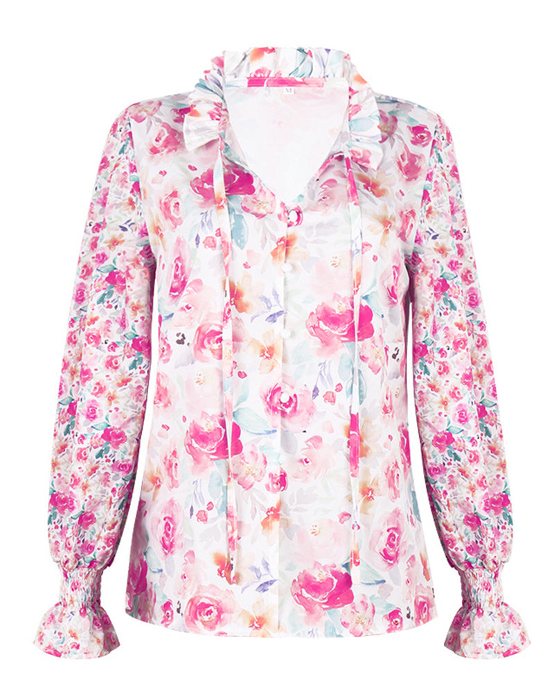 Floral Print Button Front Gathered Sleeve Blouse