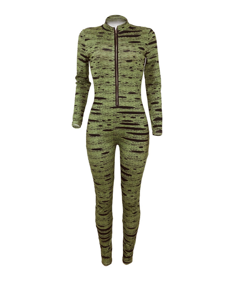 Allover Print Zip Up Form Fitted Jumpsuit
