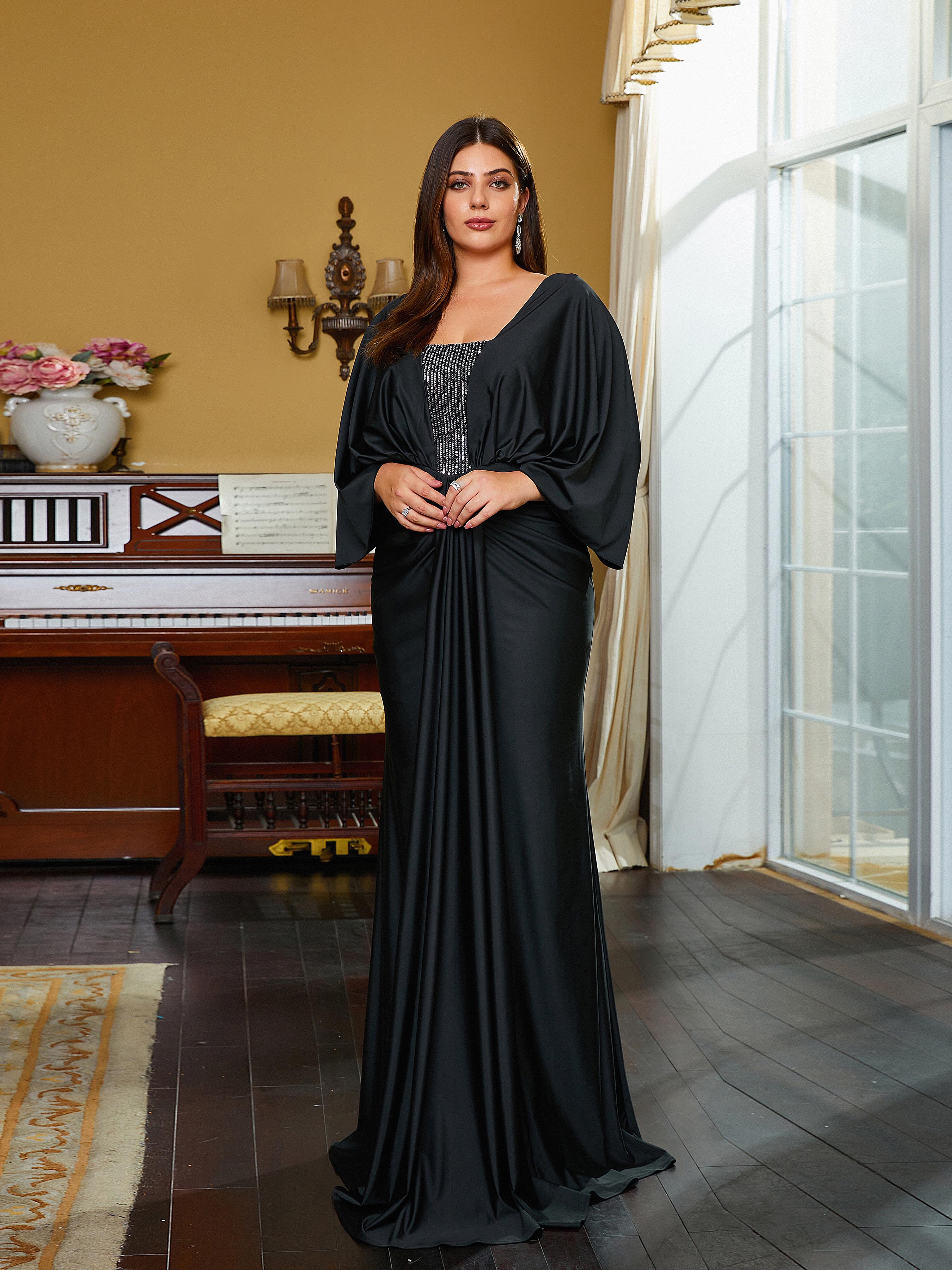 Plus Size Short Sleeve Panel Sequin Black Evening Dress PRM20769