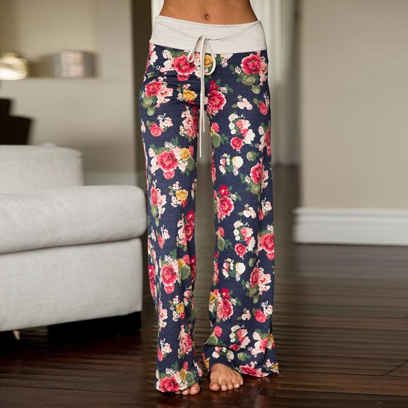 Casual Long Floral Loose Drawstring Elastic Waist Pajama Pants
