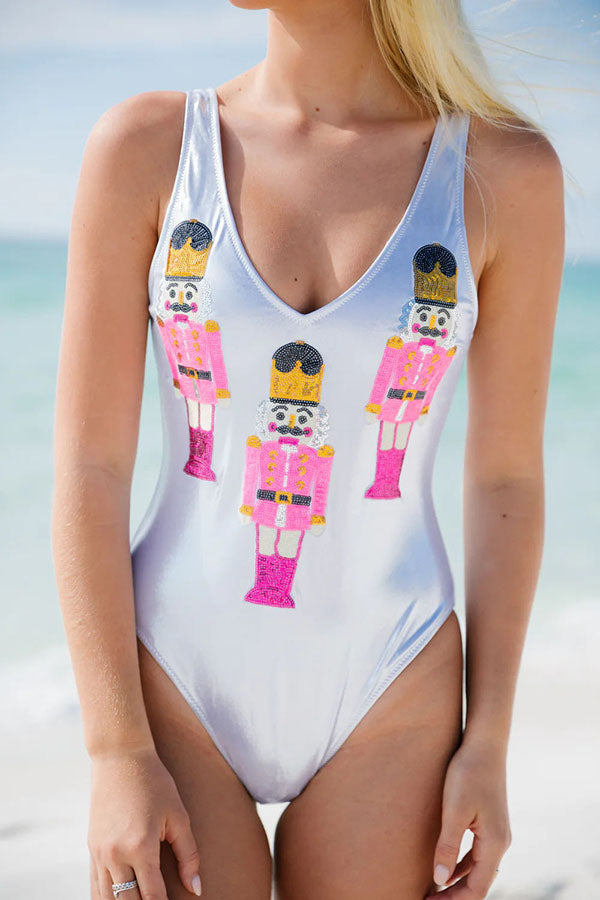 Holiday Beach Metallic Sequin Nutcracker One-piece Swimsuit
