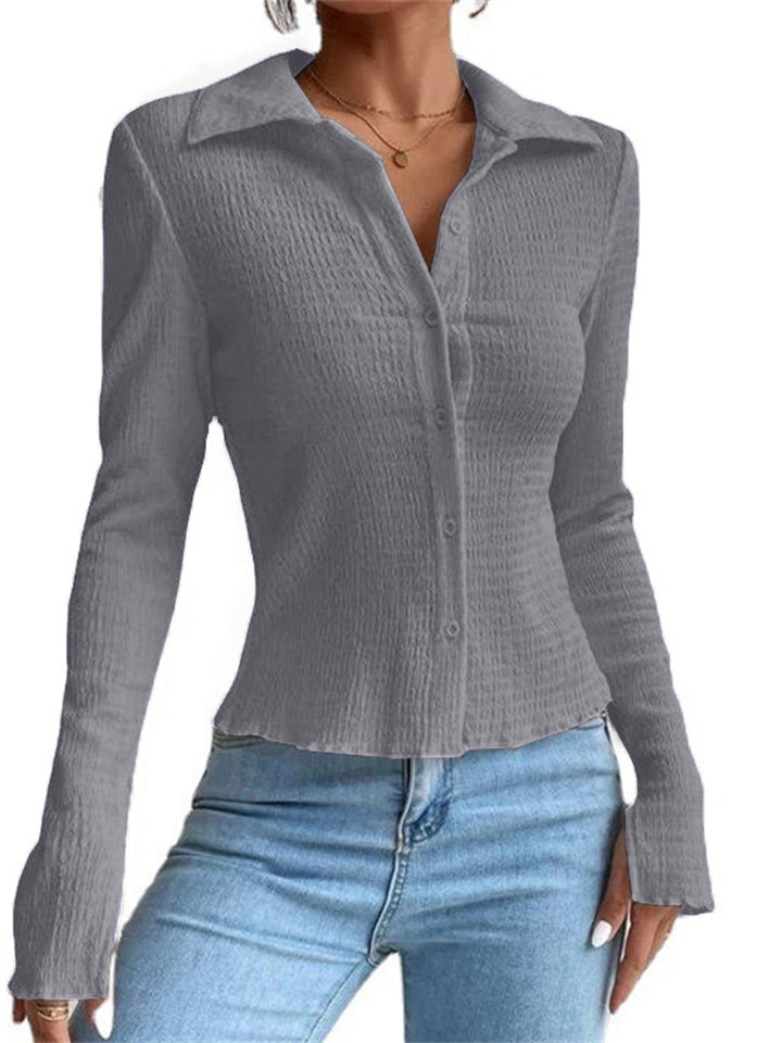 Spring and Summer Women's Solid Color Patchwork Sleeve Openings Slim Type Cardigan Button Up Lapel Regular Sleeve T-shirt Comfortable Casual Style