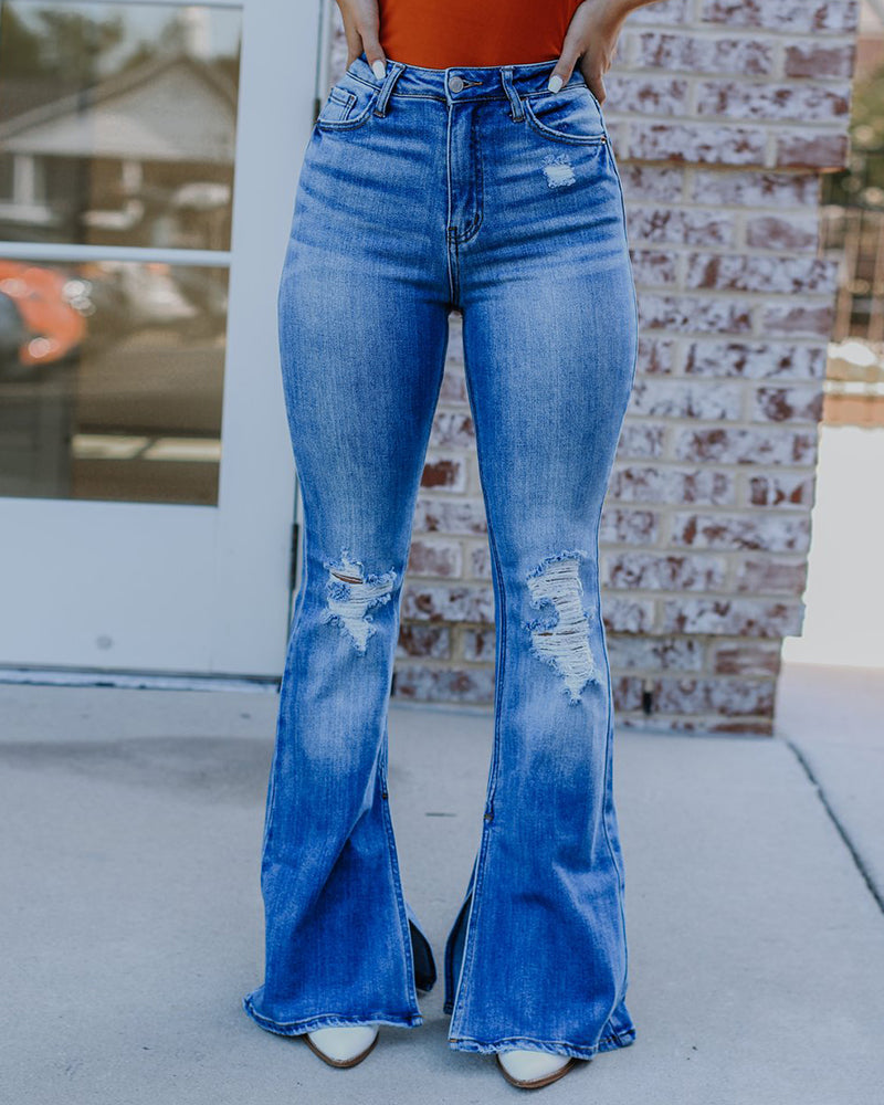 90s Vintage Distressed Split Hem High Waist Flare Jeans