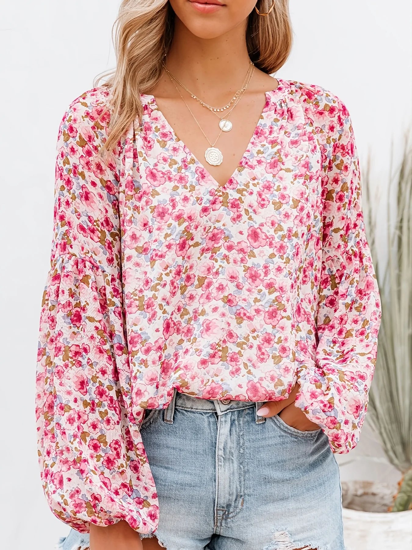 Casual V-Neck Floral Print Long Sleeve Blouse