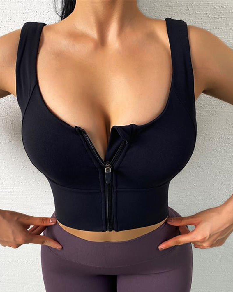 Solid Zip Up High Support Sports Bra