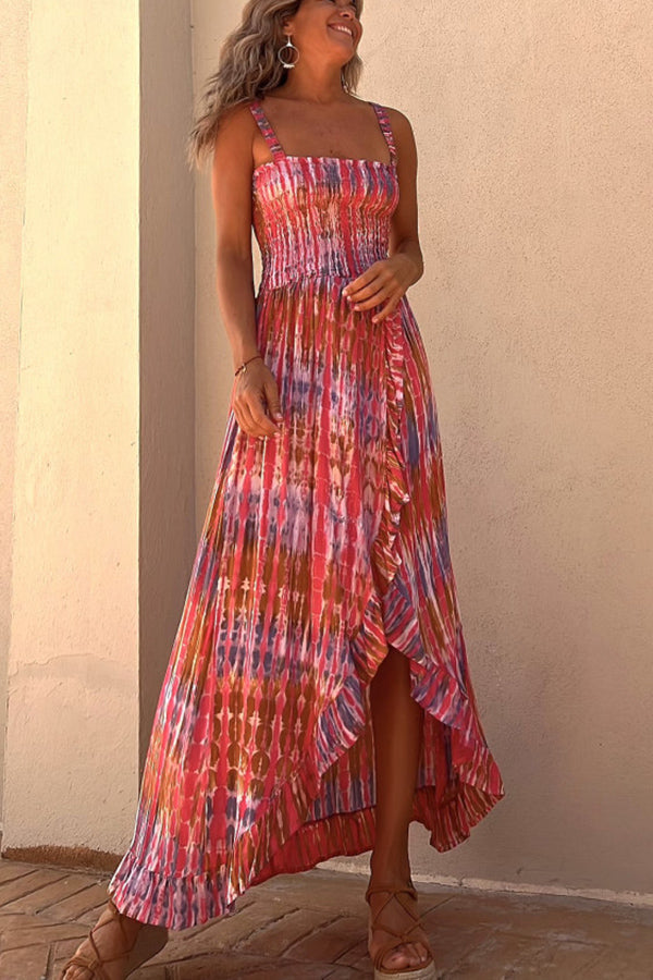 Liliana Tie-dye Print Smocked Ruffle Slit Maxi Dress