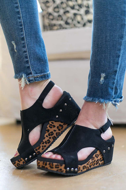 Leopard Peep Toe Studded Slide Wedge Sandals