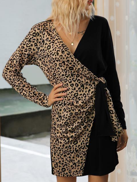 Leopard Patchwork V-neck Short Dress