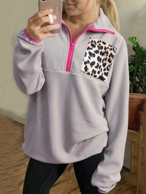 Leopard Pocket Lapel Neck Sweatshirt