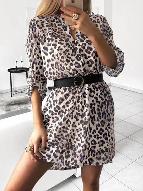 Leopard Print Long Sleeve Shirt Dress